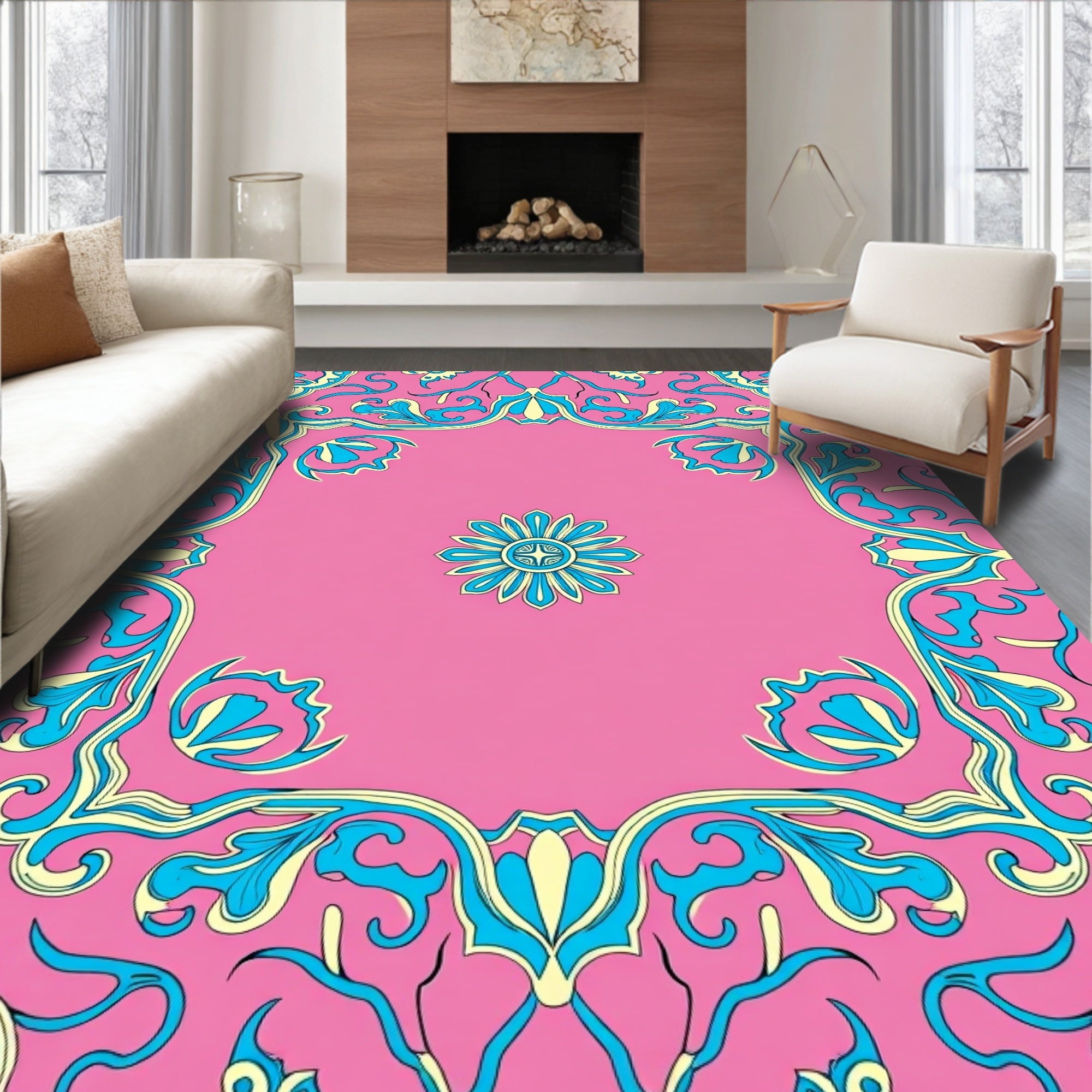 Pink And Blue Floral Scrollwork Rug