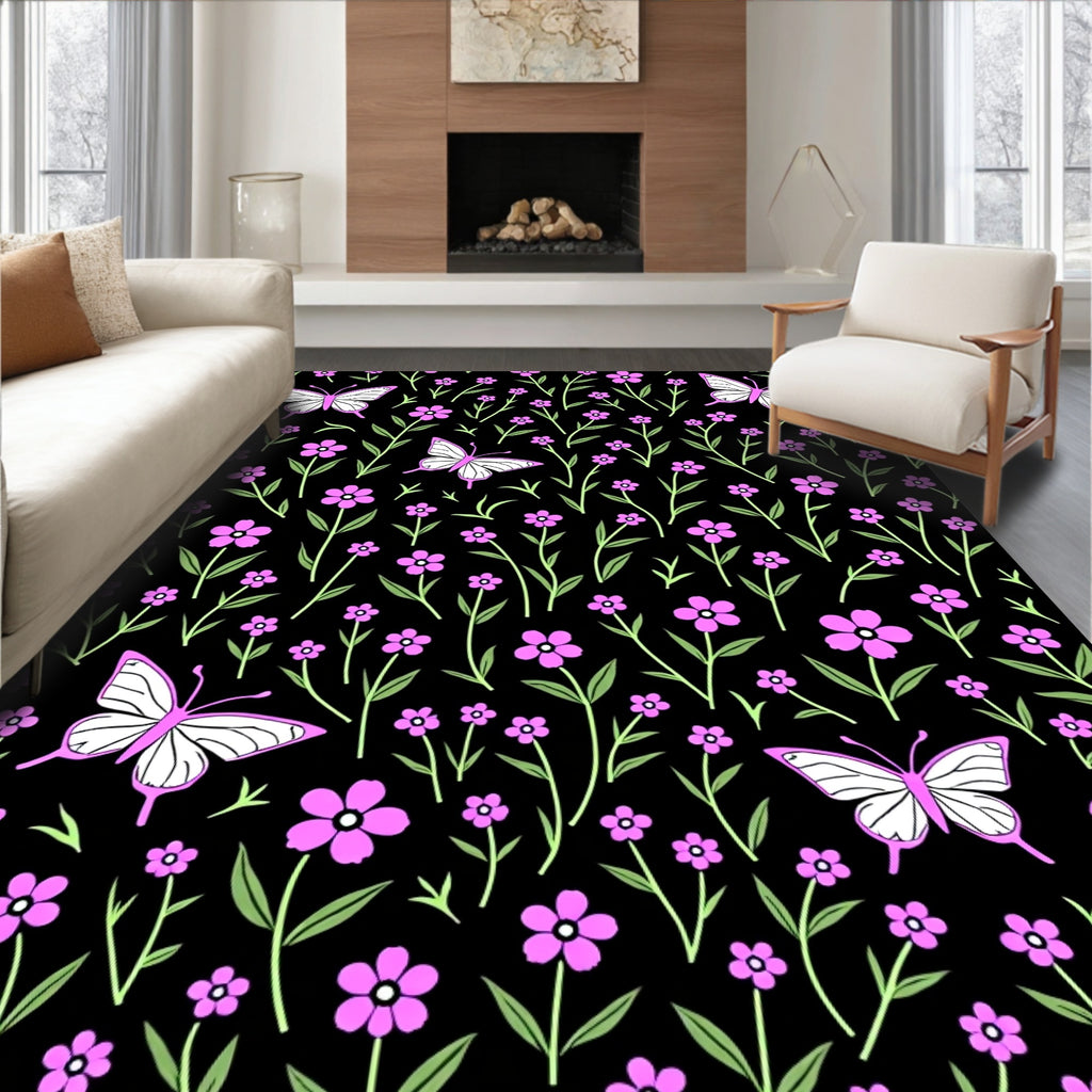 Pink Butterfly Flower Field Design Rug
