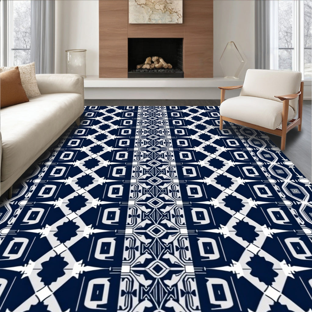 Geometric Blue And White Tribal Pattern Rug
