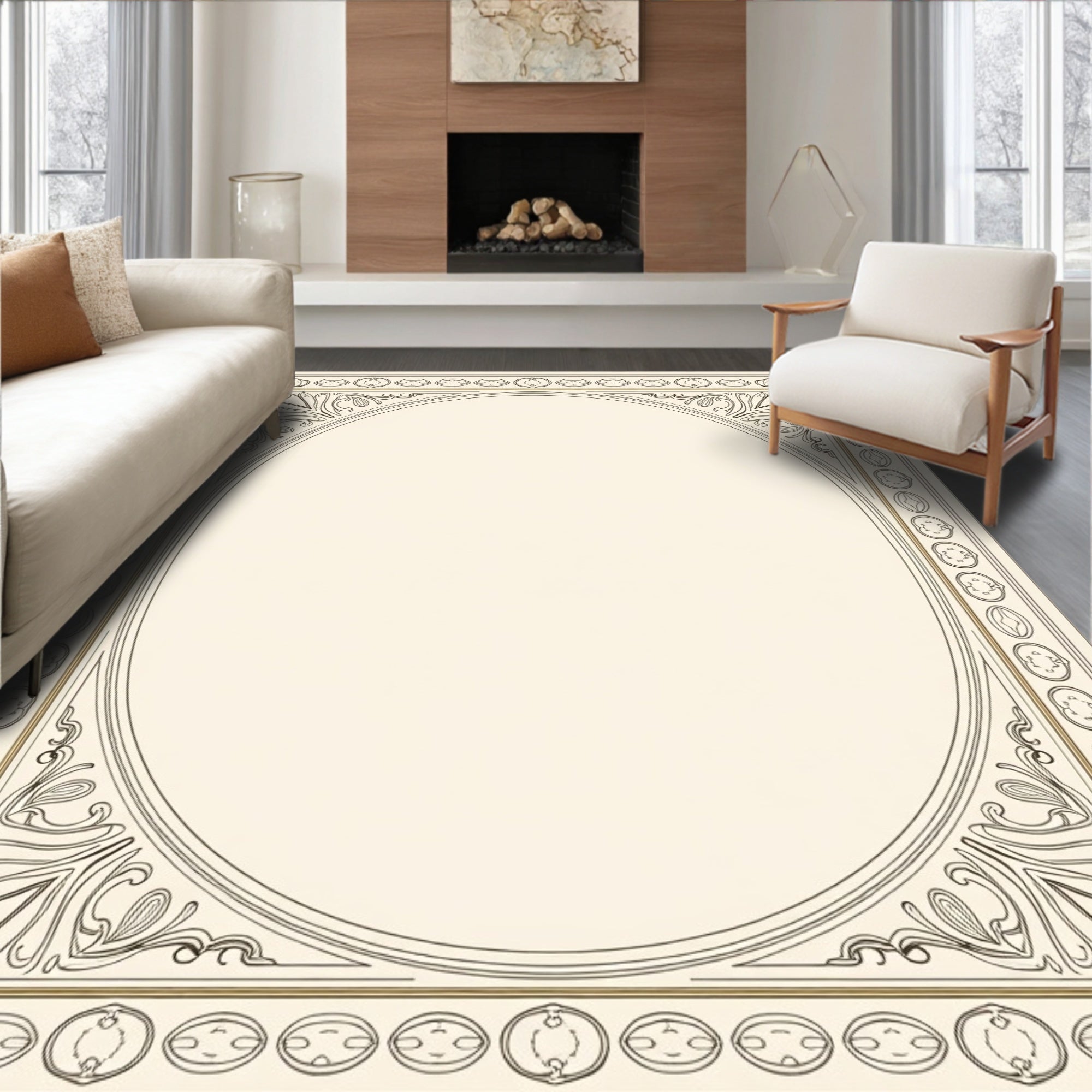 Vintage Oval Border Floral Design Rug