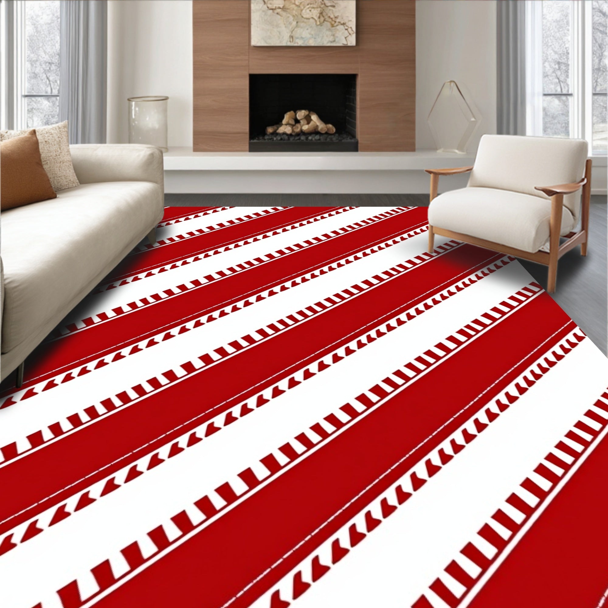 Diagonal Red White Stripe Pattern Rug