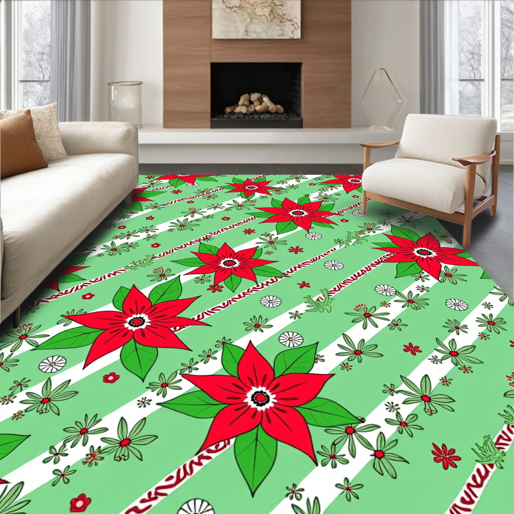 Red Poinsettia Green Stripe Floral Rug