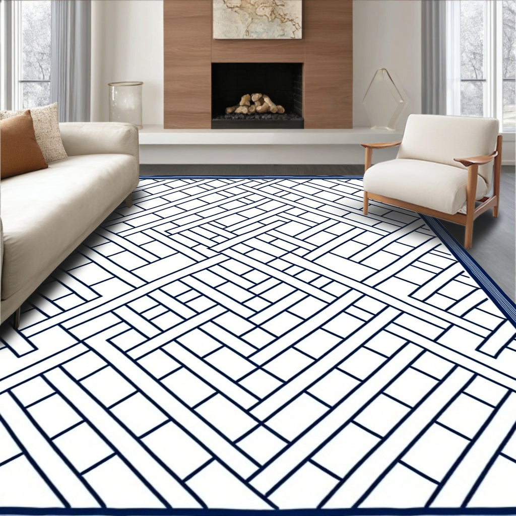 Navy White Geometric Lattice Rug
