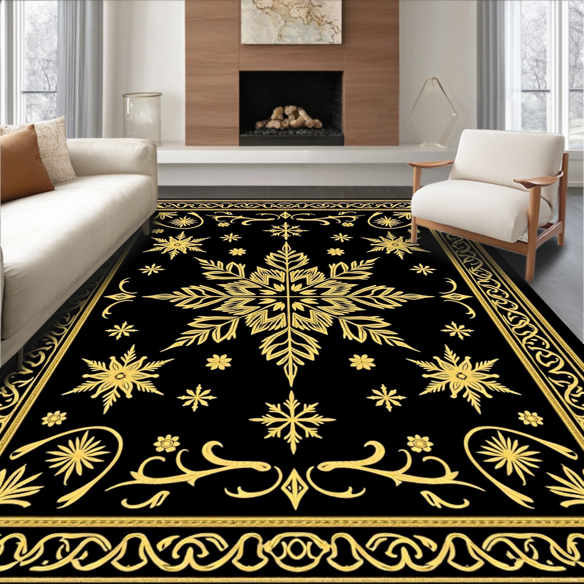 Gilded Snowflake Black Intricate Mandala Rug