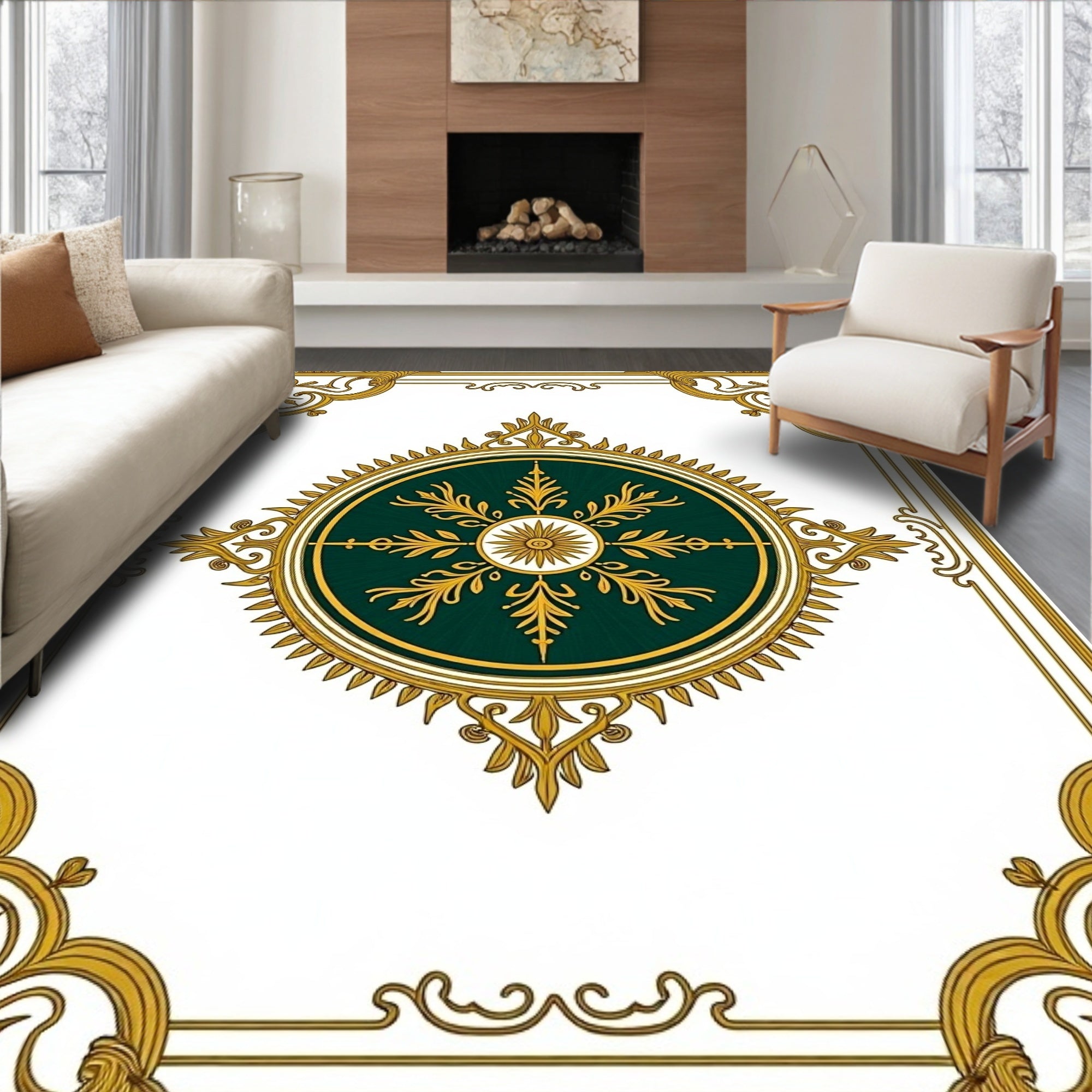 Ornate Dark Green Gold Medallion Rug