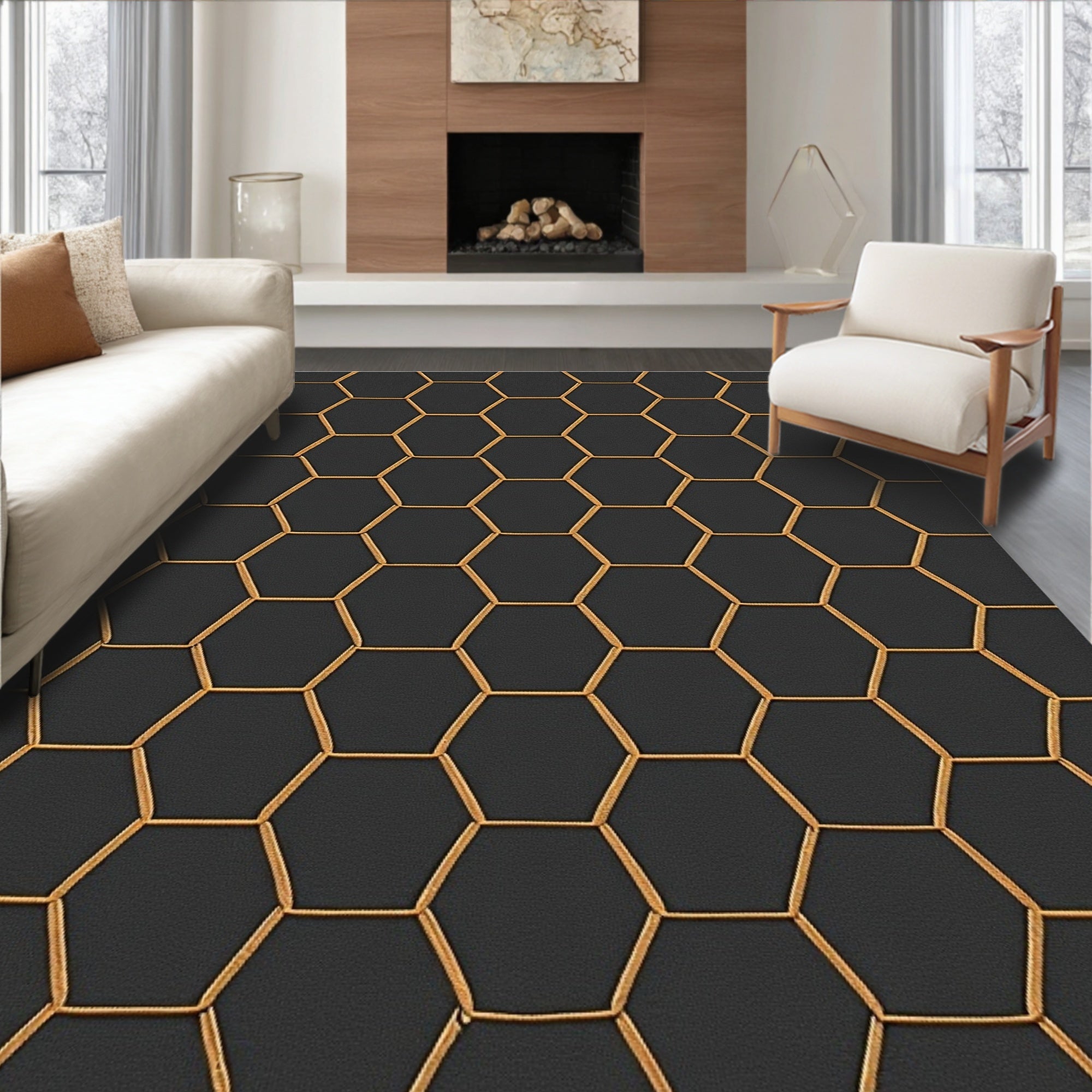 Black Gold Hexagonal Geometric Design Rug
