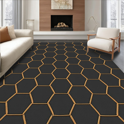 Black Gold Hexagonal Geometric Design Rug