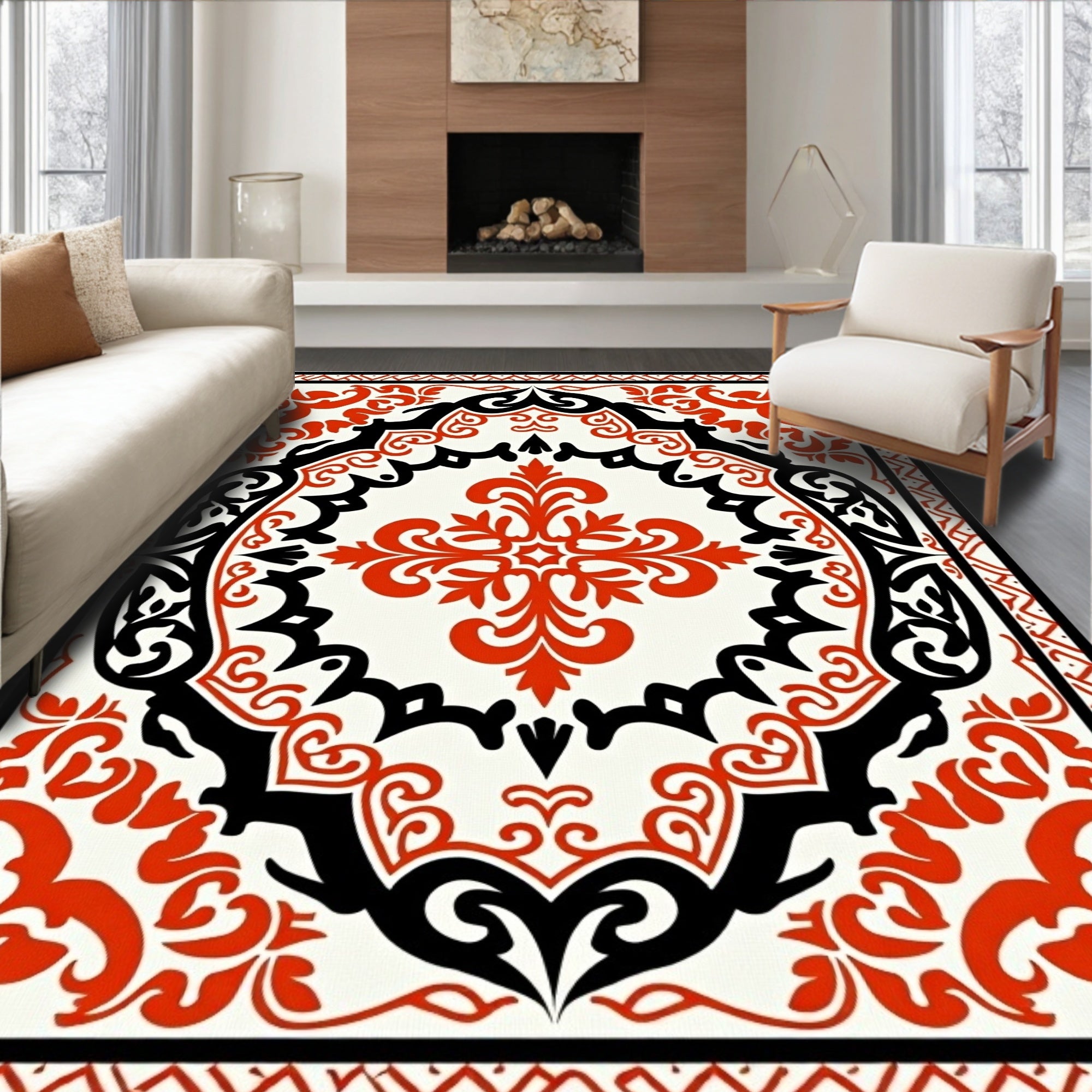 Red Black Floral Scroll Motif Rug