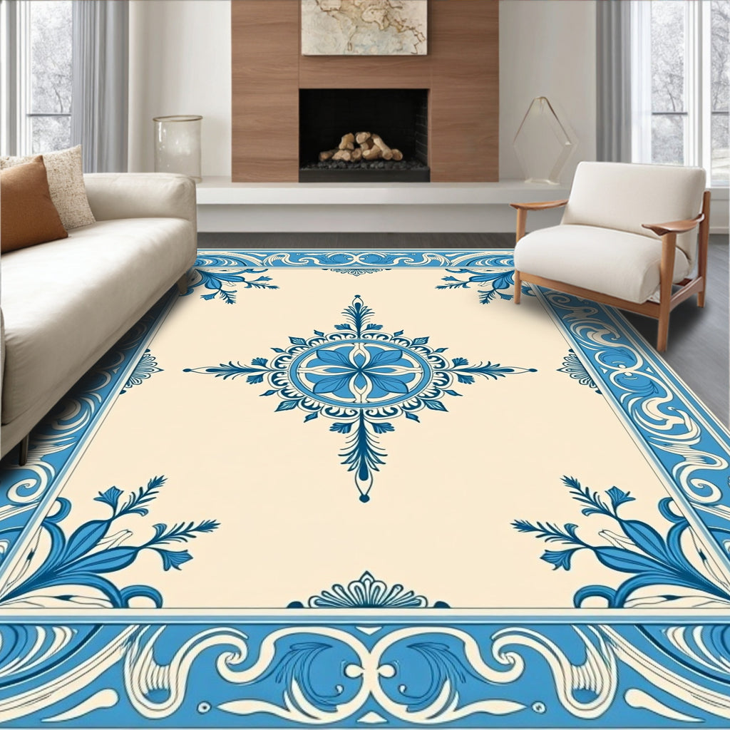 Ornate Blue Floral Symmetry Design Rug