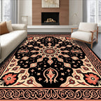 Intricate Floral Sunburst Black and Red Rug