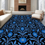 Blue Floral Scroll Patterned Rug