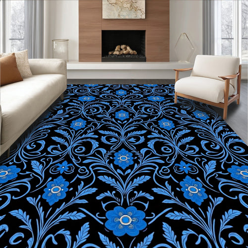 Blue Floral Scroll Patterned Rug