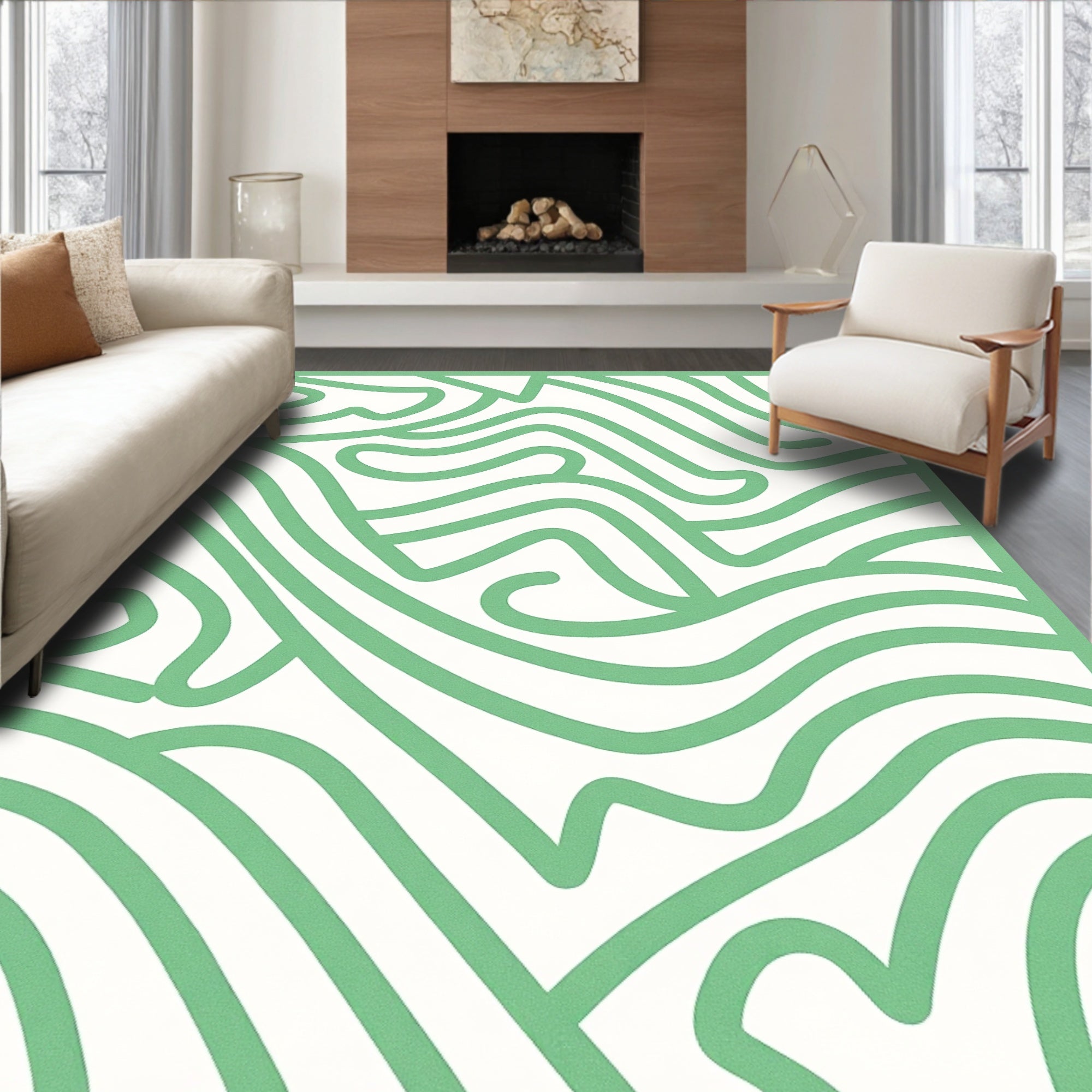 Flowing Green Abstract Organic Lines Rug