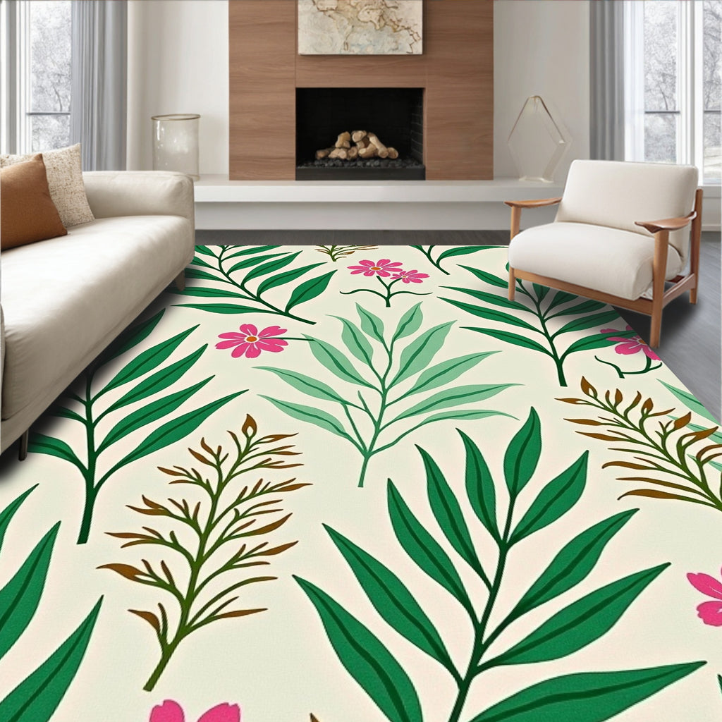 Vibrant Botanical Leaf Flower Pattern Rug