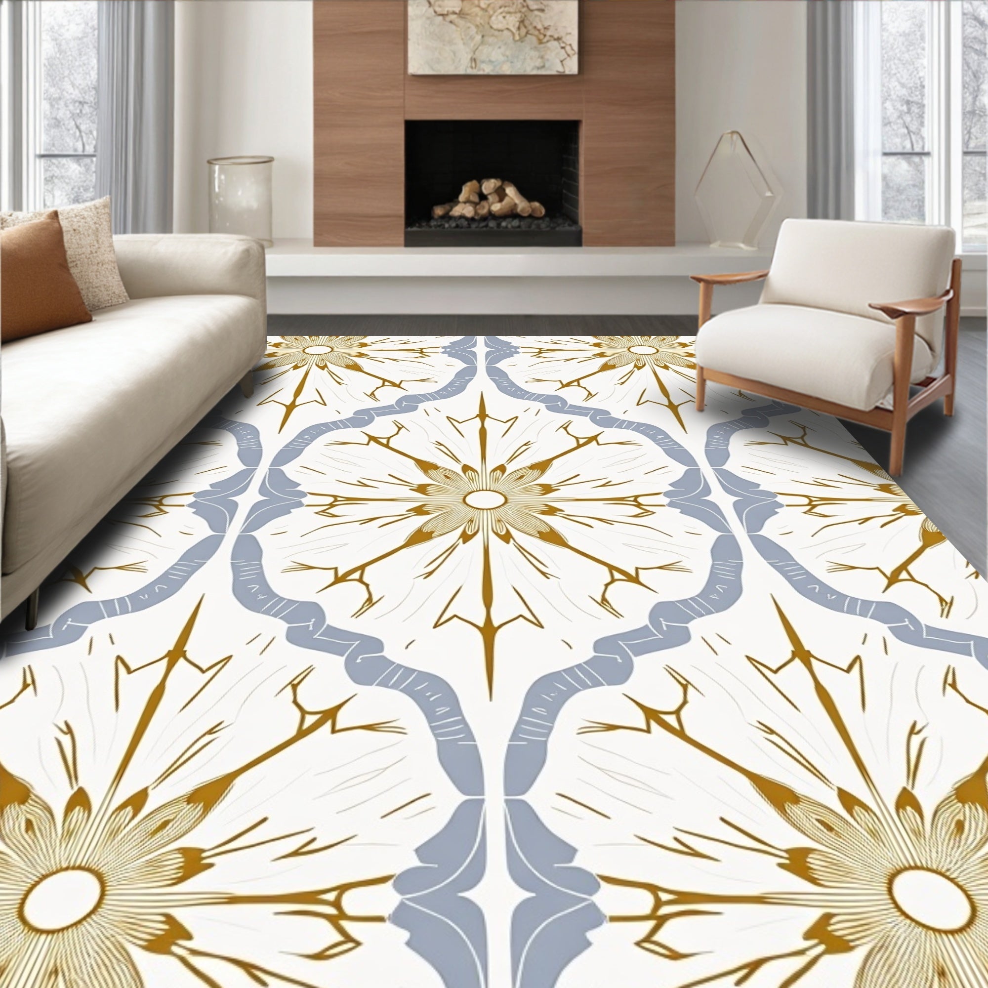 Gold Blue Floral Lattice Tile Rug