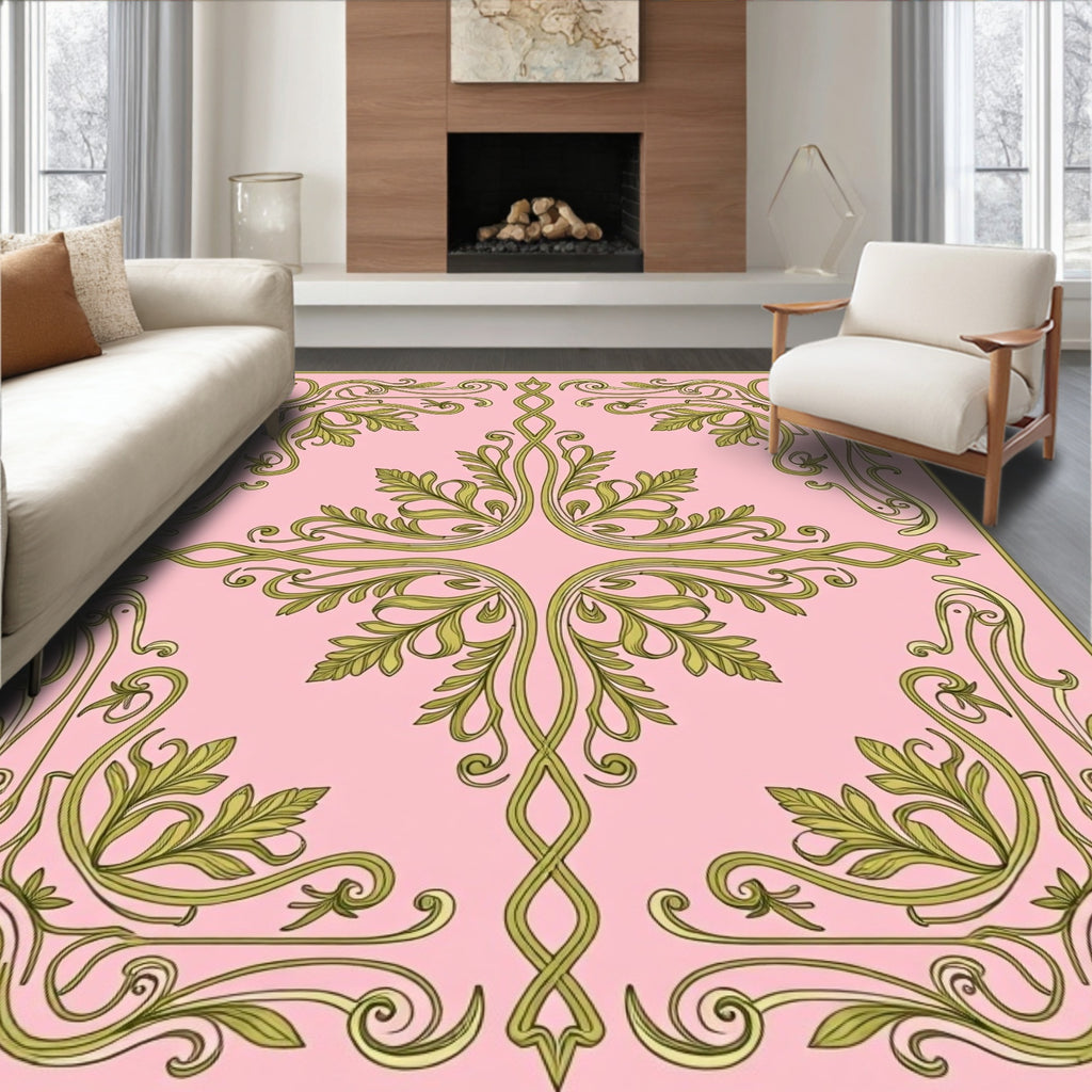 Elegant Green Leaf Scrollwork Pattern Rug