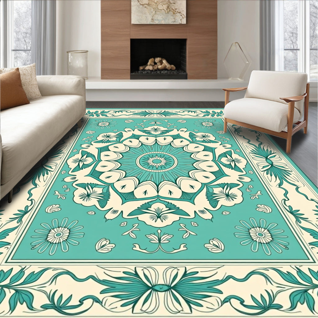 Teal Floral Mandala Medallion Design Rug