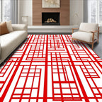 Bold Red Geometric Line Grid Rug