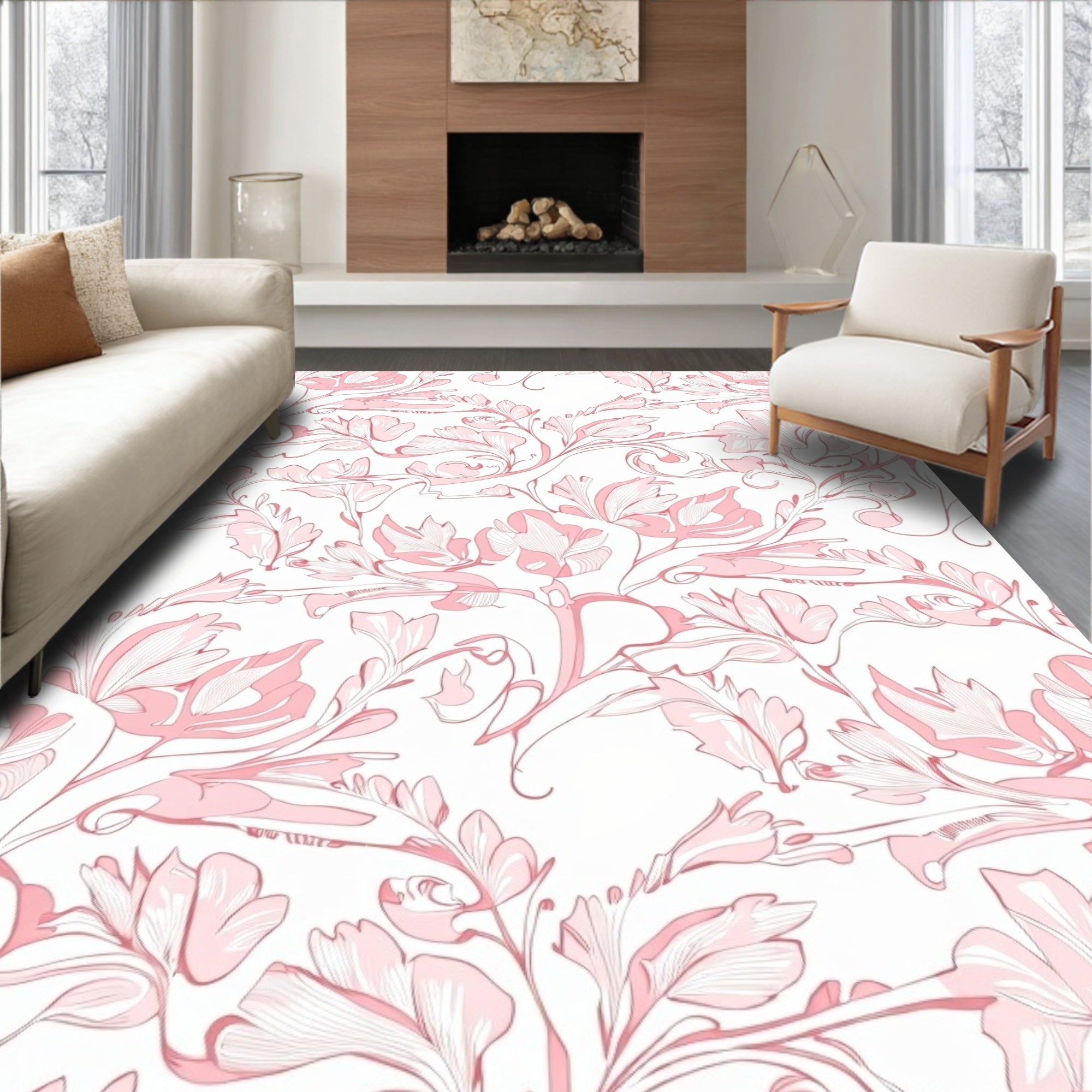 Elegant Pink Floral Swirl Pattern Rug