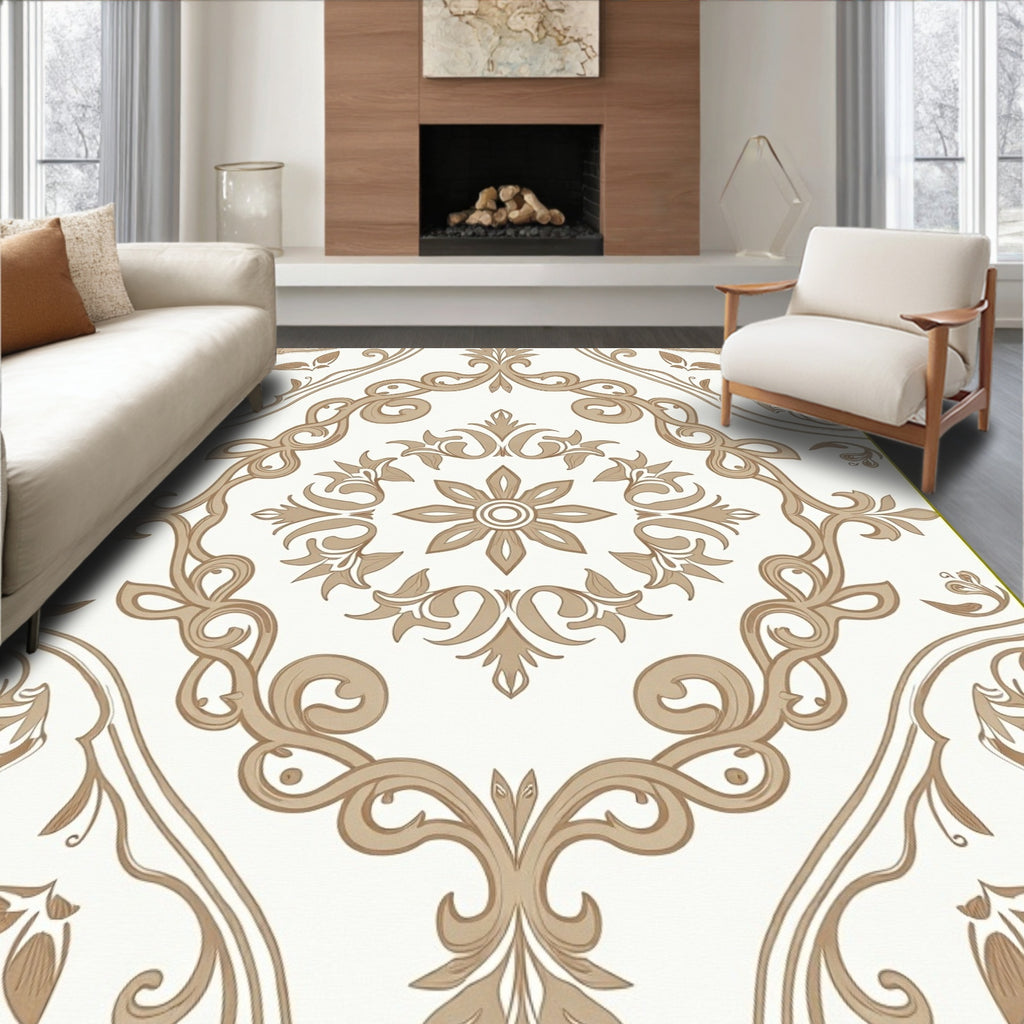 Elegant Floral Scrollwork Brown Tan Pattern Rug