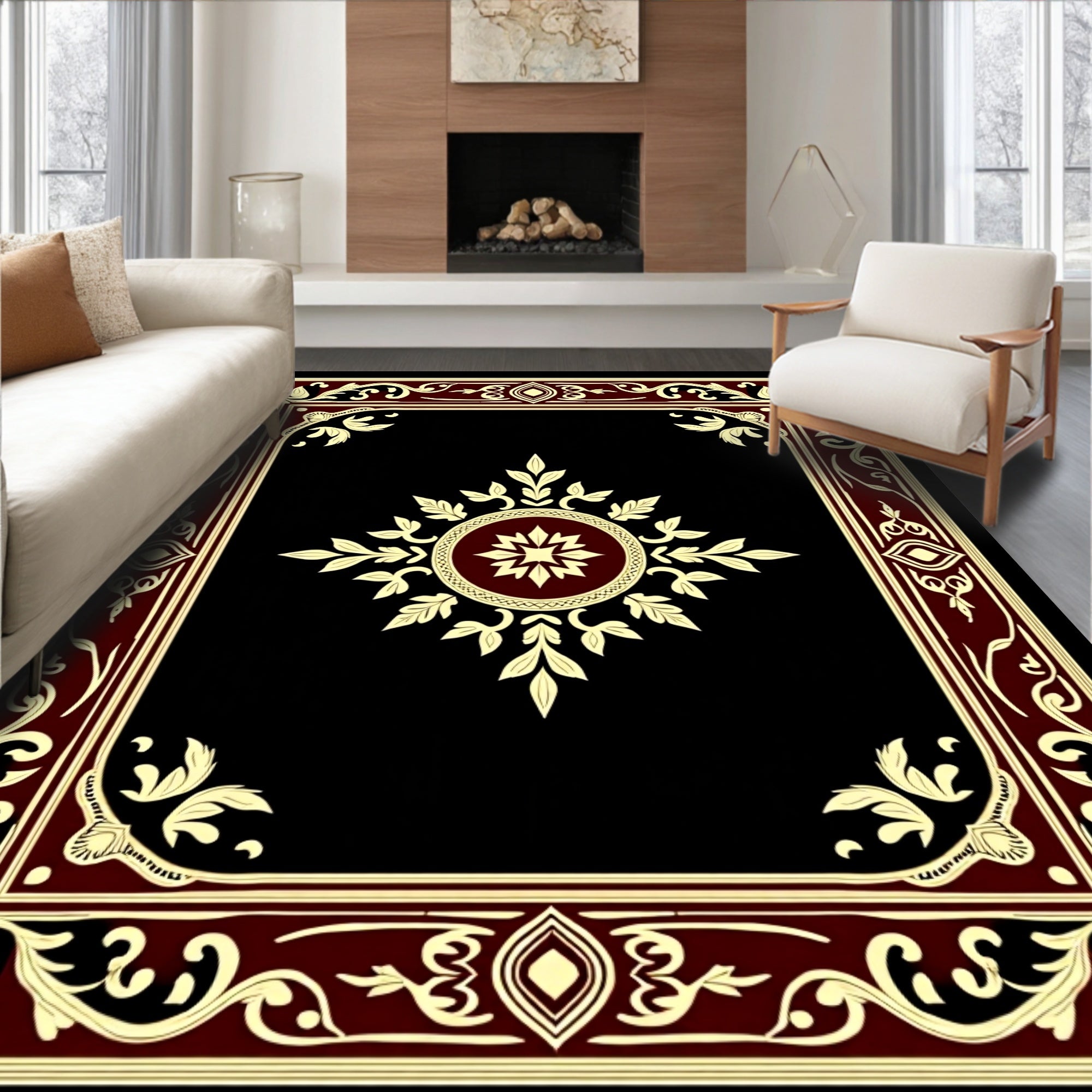 Regal Maroon Floral Medallion Border Rug