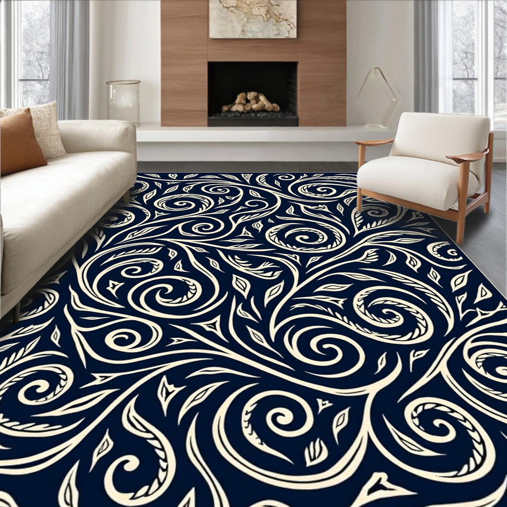 Classic Floral Swirls Navy Cream Rug