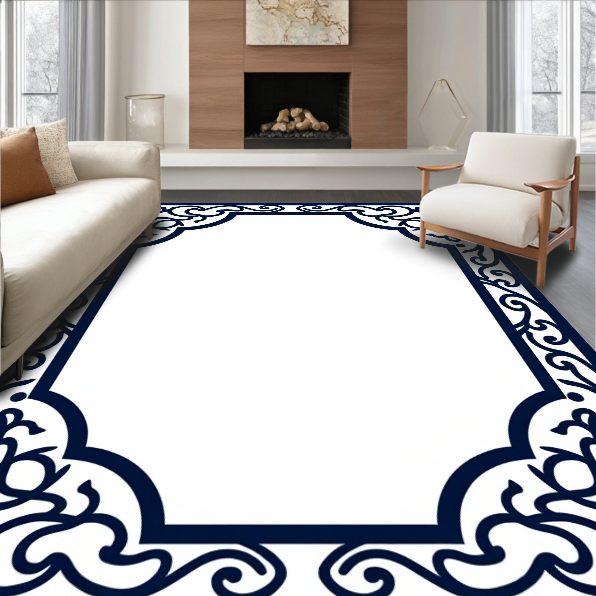 Elegant Ornate Dark Blue Scrollwork Rug