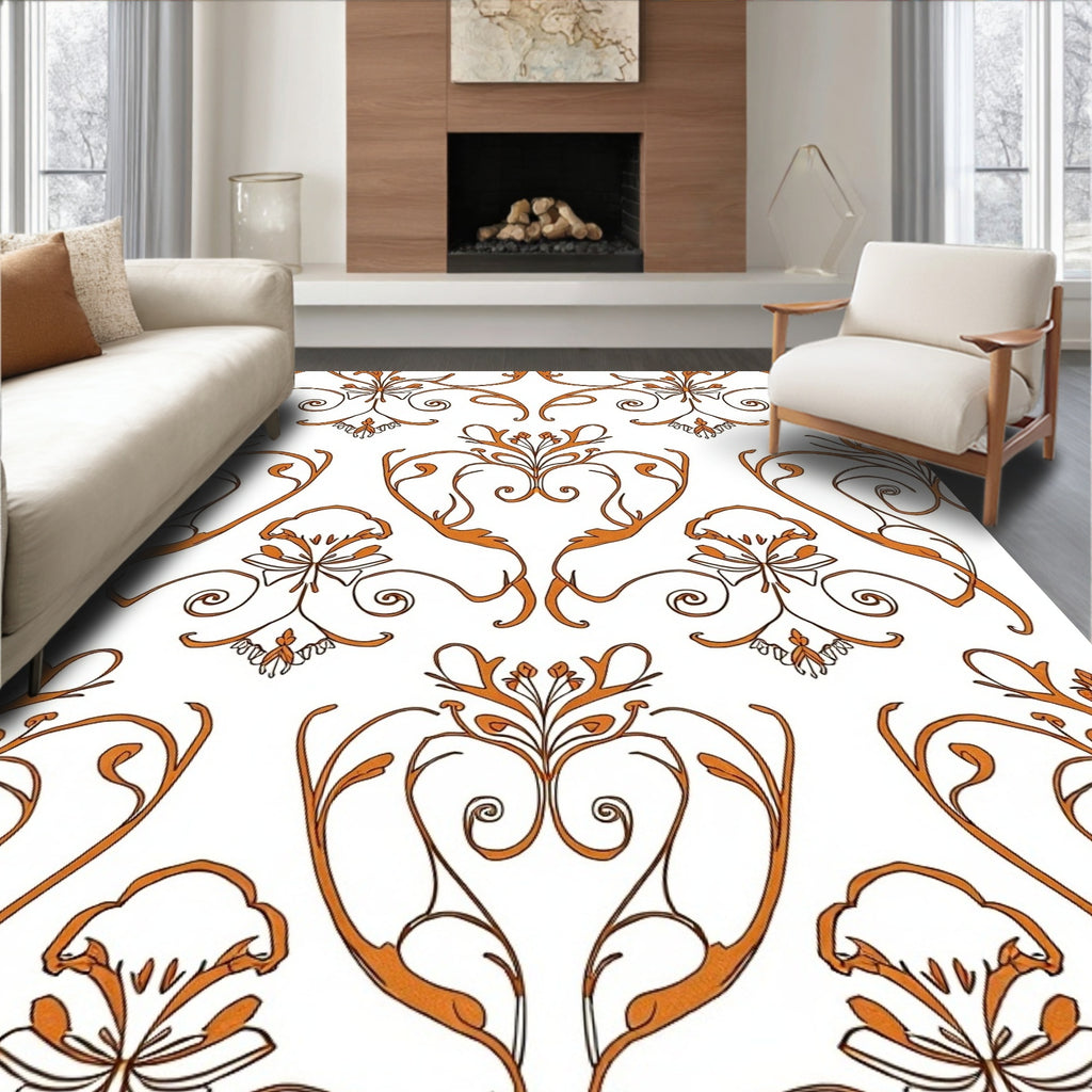 Ornate Orange Floral Swirl Pattern Rug