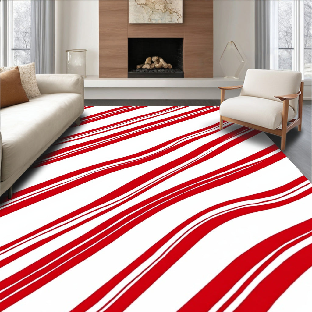 Crisp Red White Diagonal Candy Cane Stripes Rug