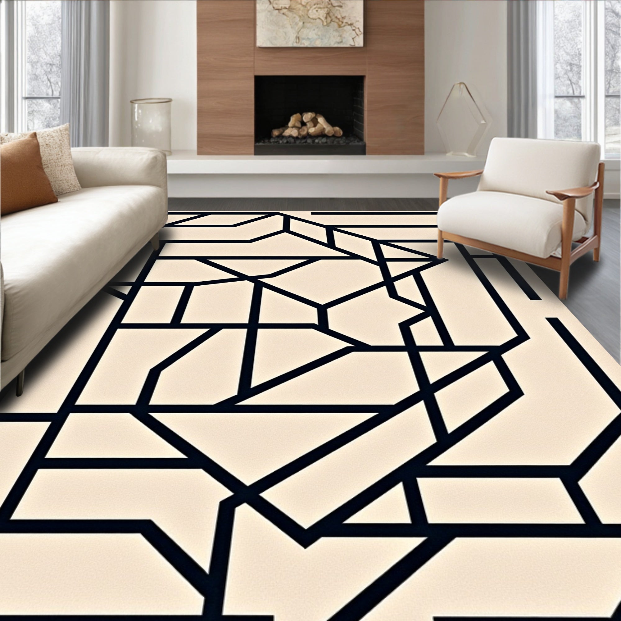 Modern Geometric Black Outline Rug