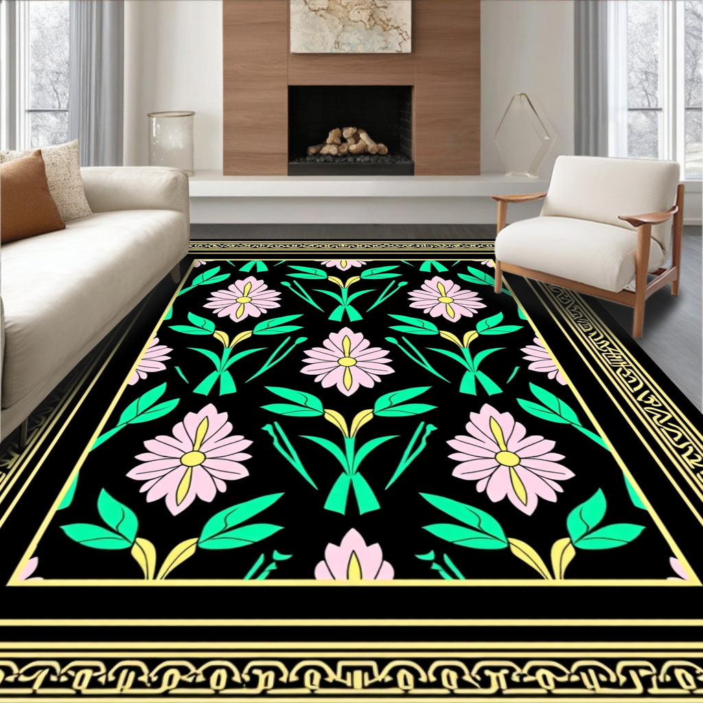 Floral Garden With Intricate Geometric Border Rug