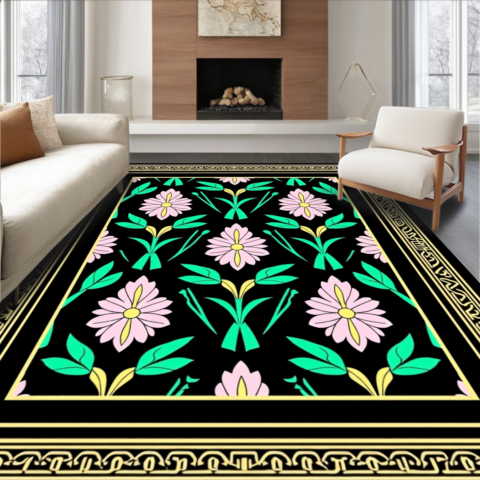 Floral Garden With Intricate Geometric Border Rug