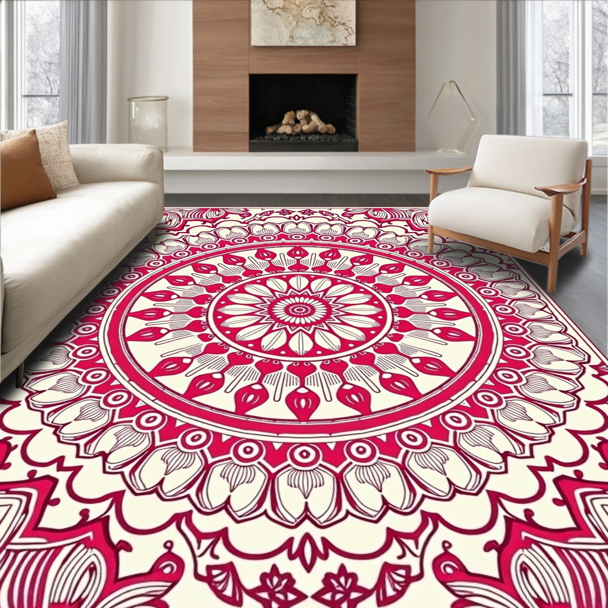 Crimson Mandala Style Floral Design Rug