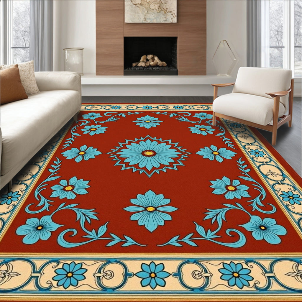 Terracotta Floral Swirl Motif Rug