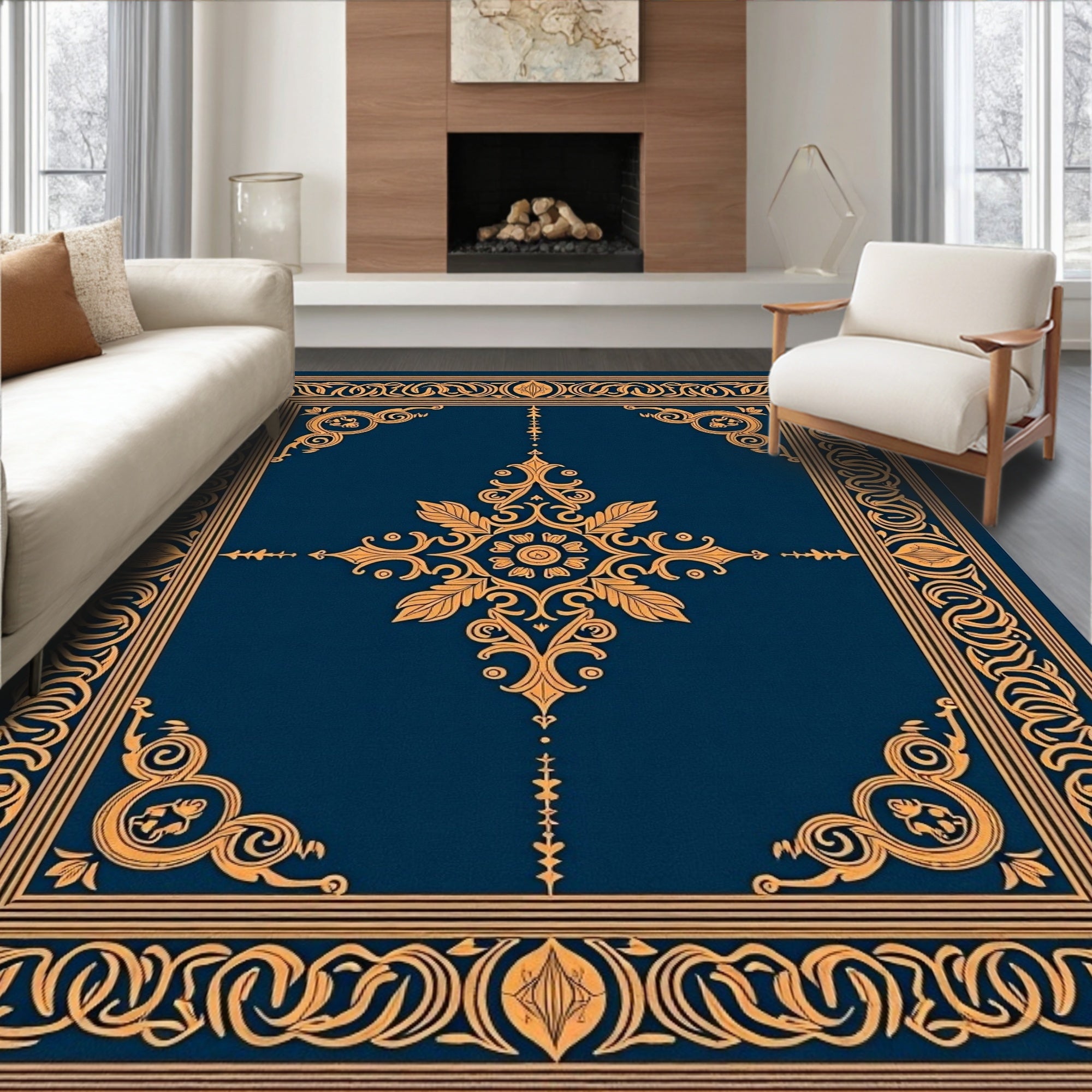 Ornate Gold Naval Floral Pattern Rug