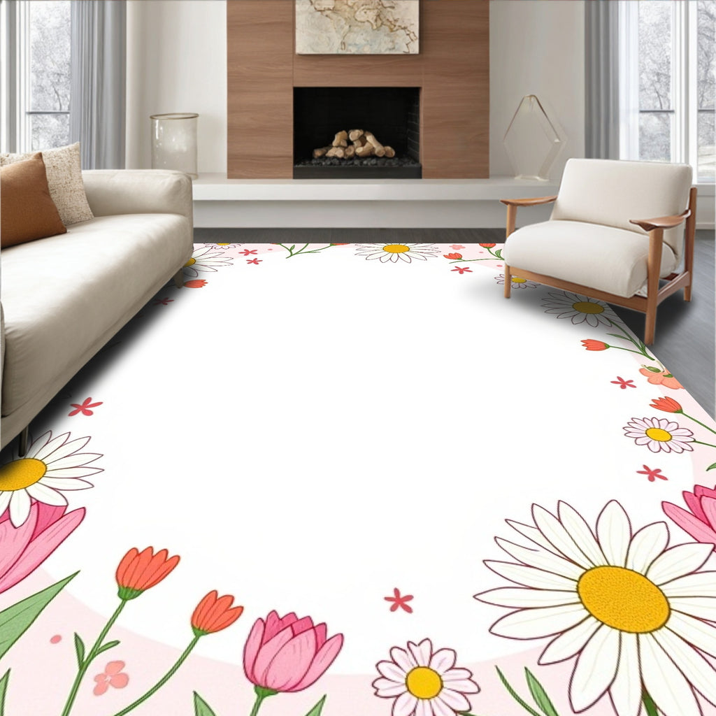 Pink Floral Daisy Tulip Design Rug