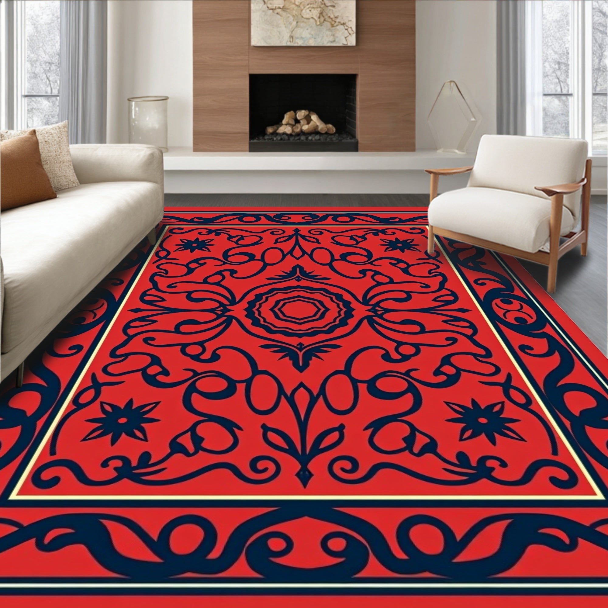 Red Navy Traditional Floral Pattern Rug