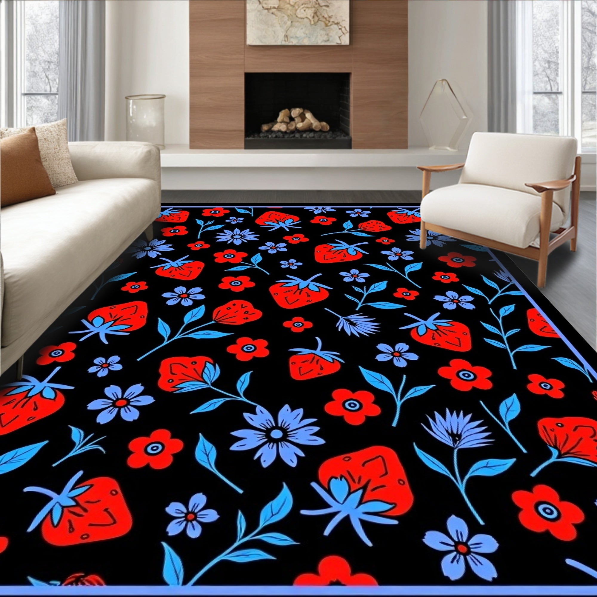 Red Strawberry Floral Pattern Rug