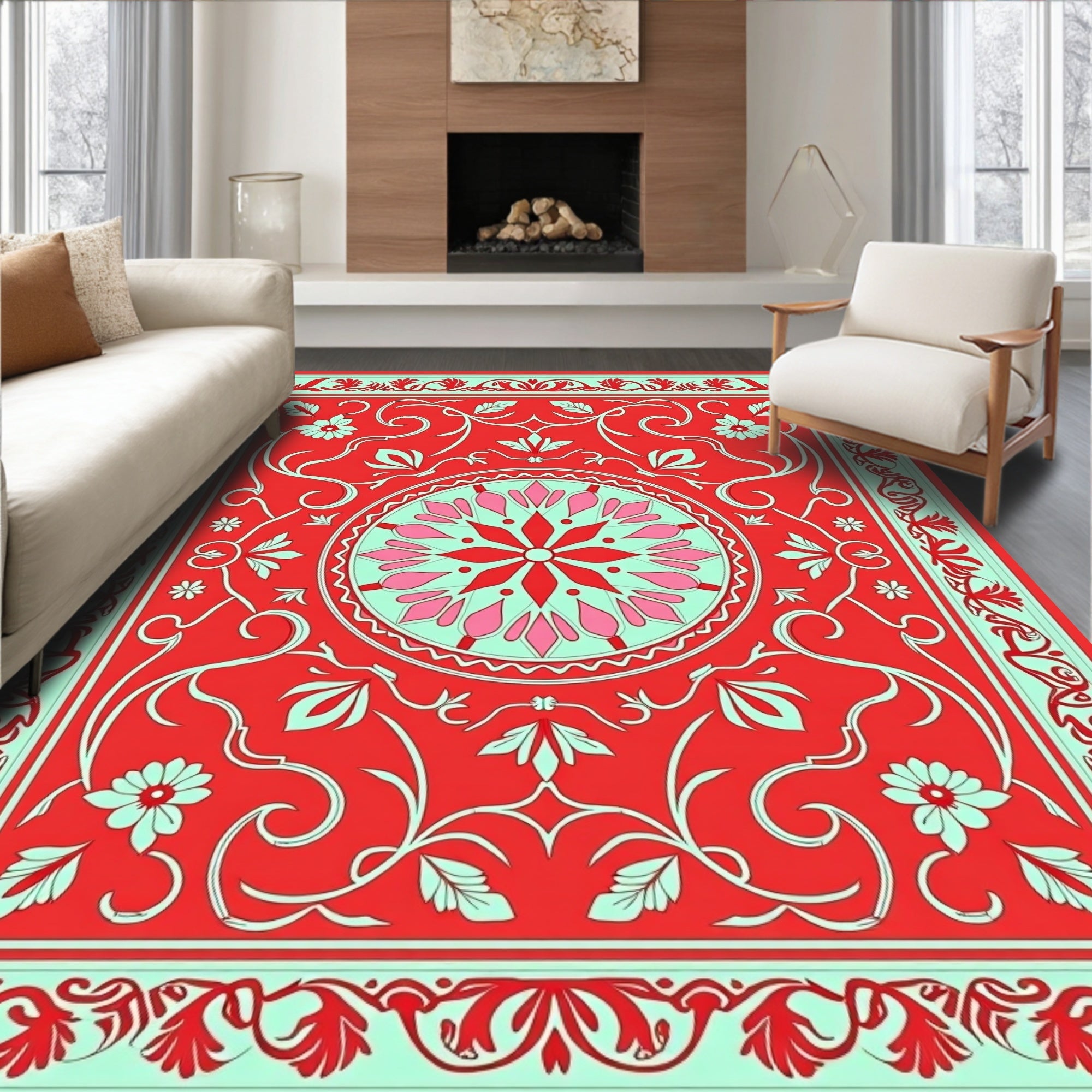 Red Floral Mandala Pattern Rug