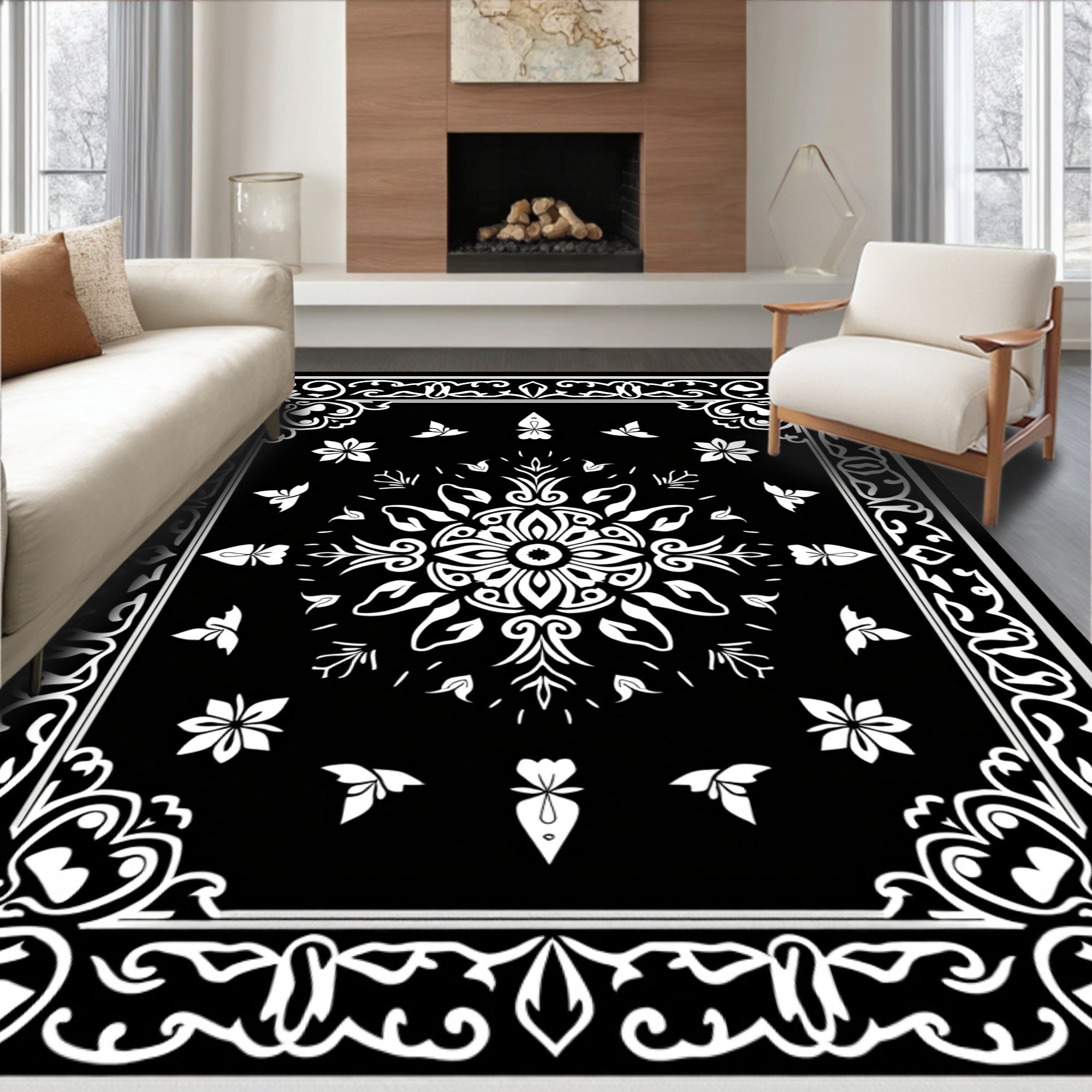 Black White Floral Mandala Design Rug