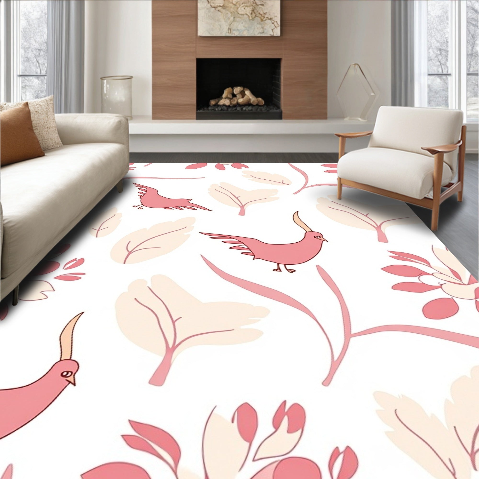 Pink Birds and Botanical Forms Pattern Rug