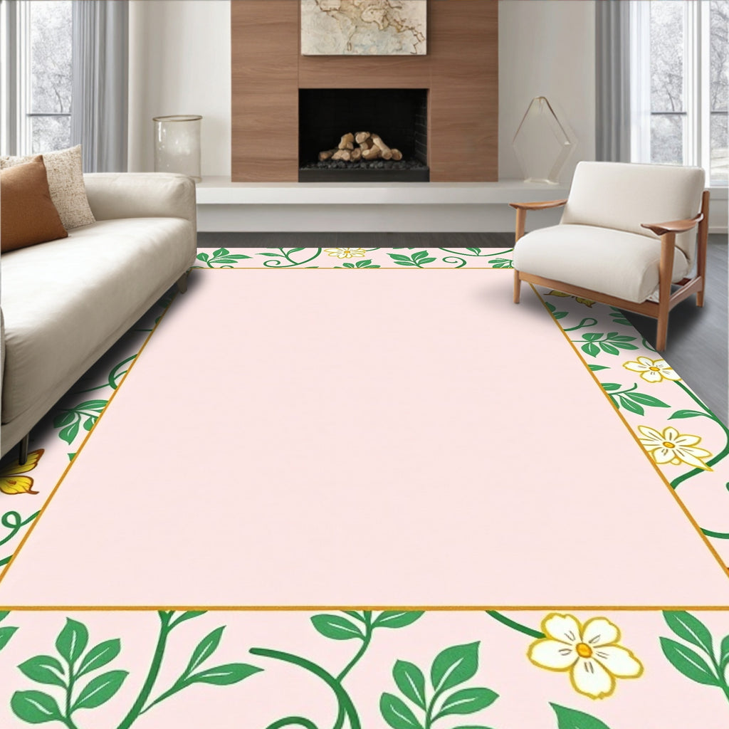 Pink Floral Butterfly Patterned Rug