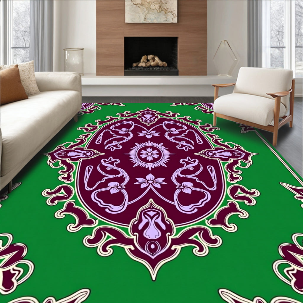 Vivid Green Oval Floral Medallion Design Rug