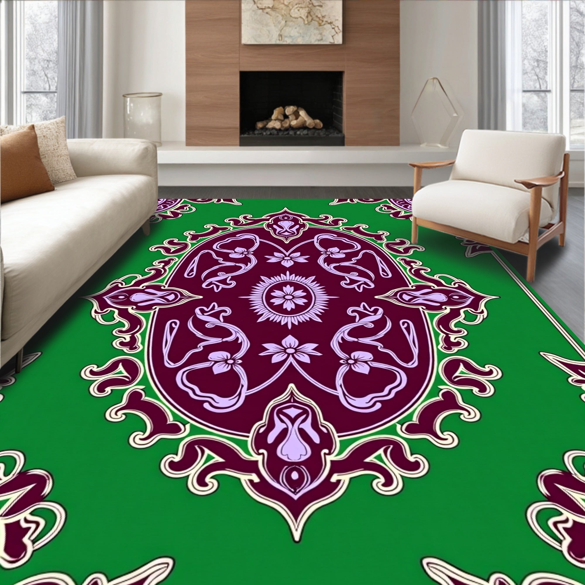 Vivid Green Oval Floral Medallion Design Rug