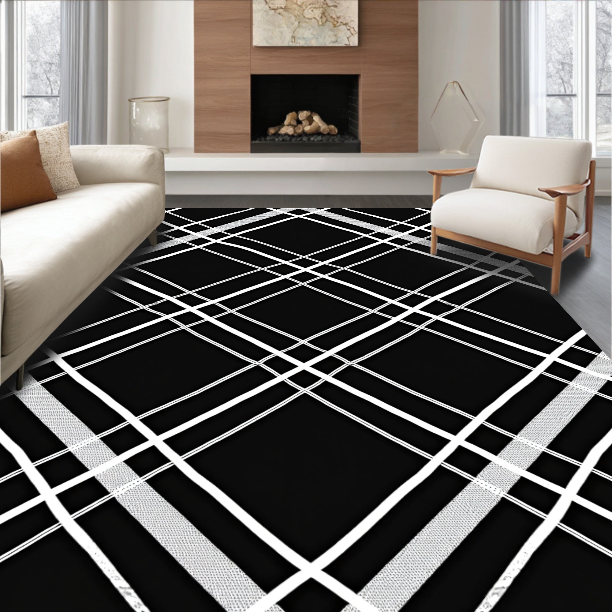 Classic Black White Diamond Pattern Rug