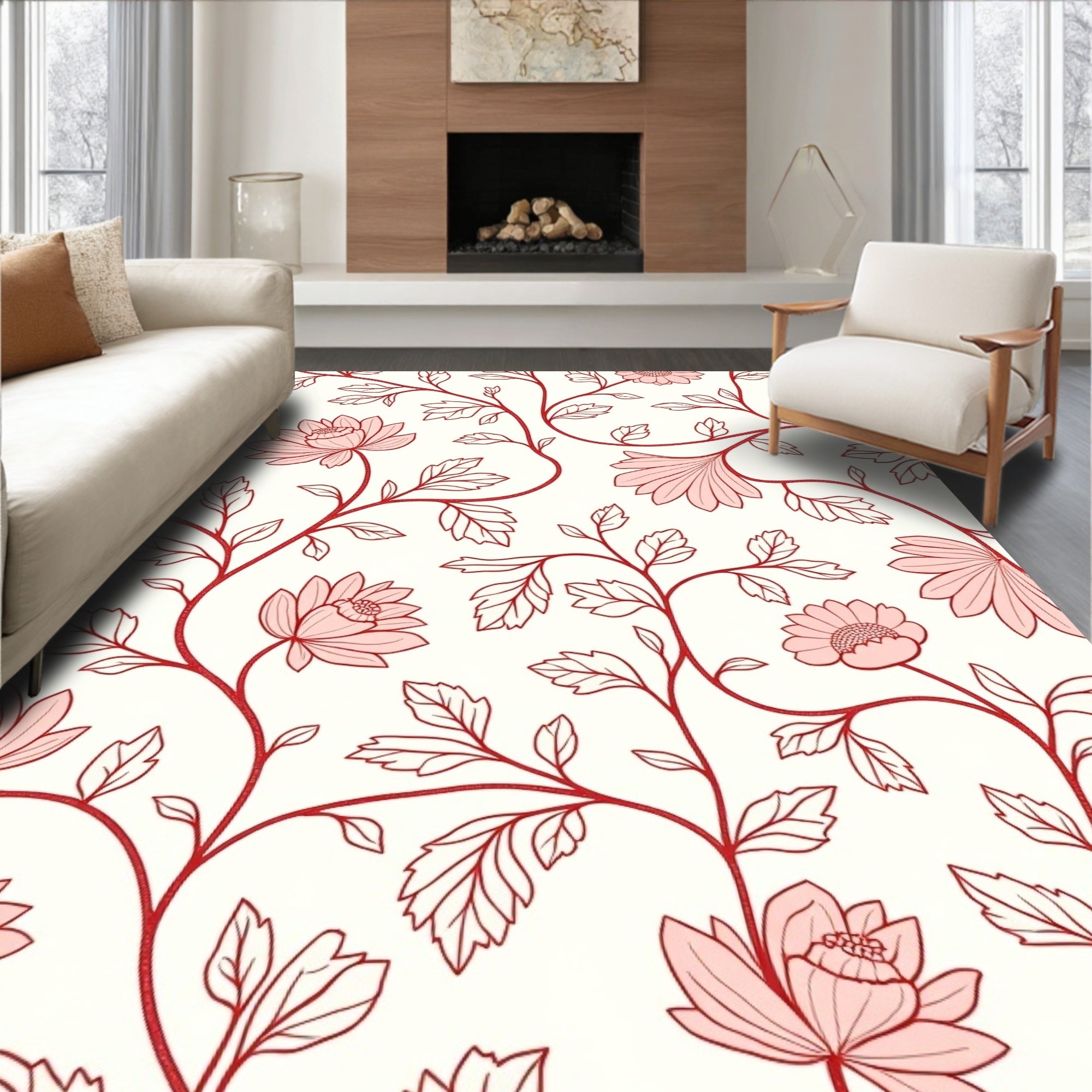 Floral Vine Patterned Red and Ivory Rug