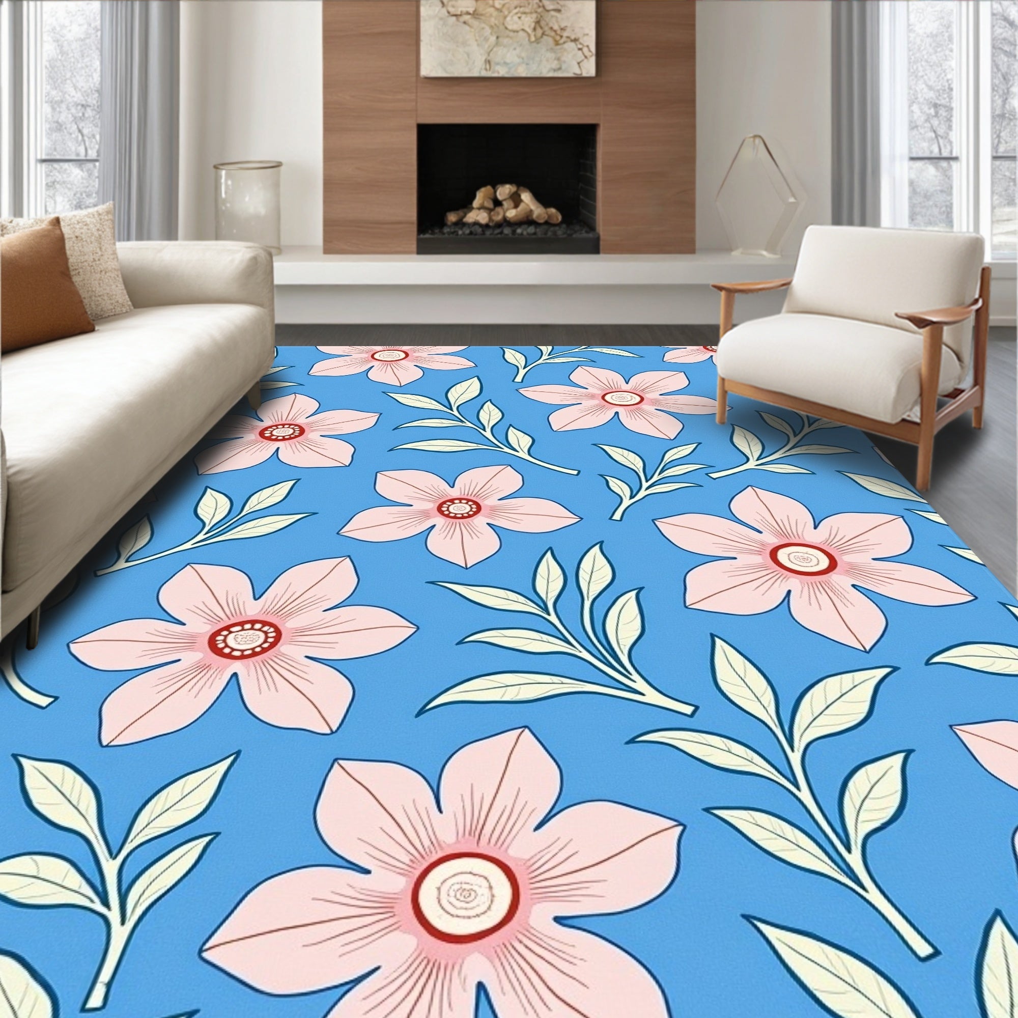Pastel Pink Flower Blue Pattern Rug