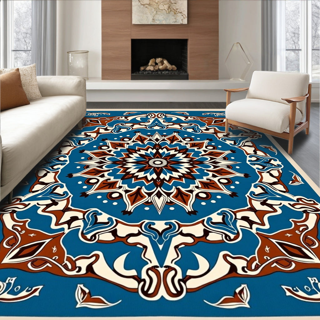 Ornate Blue Brown Mandala Pattern Rug
