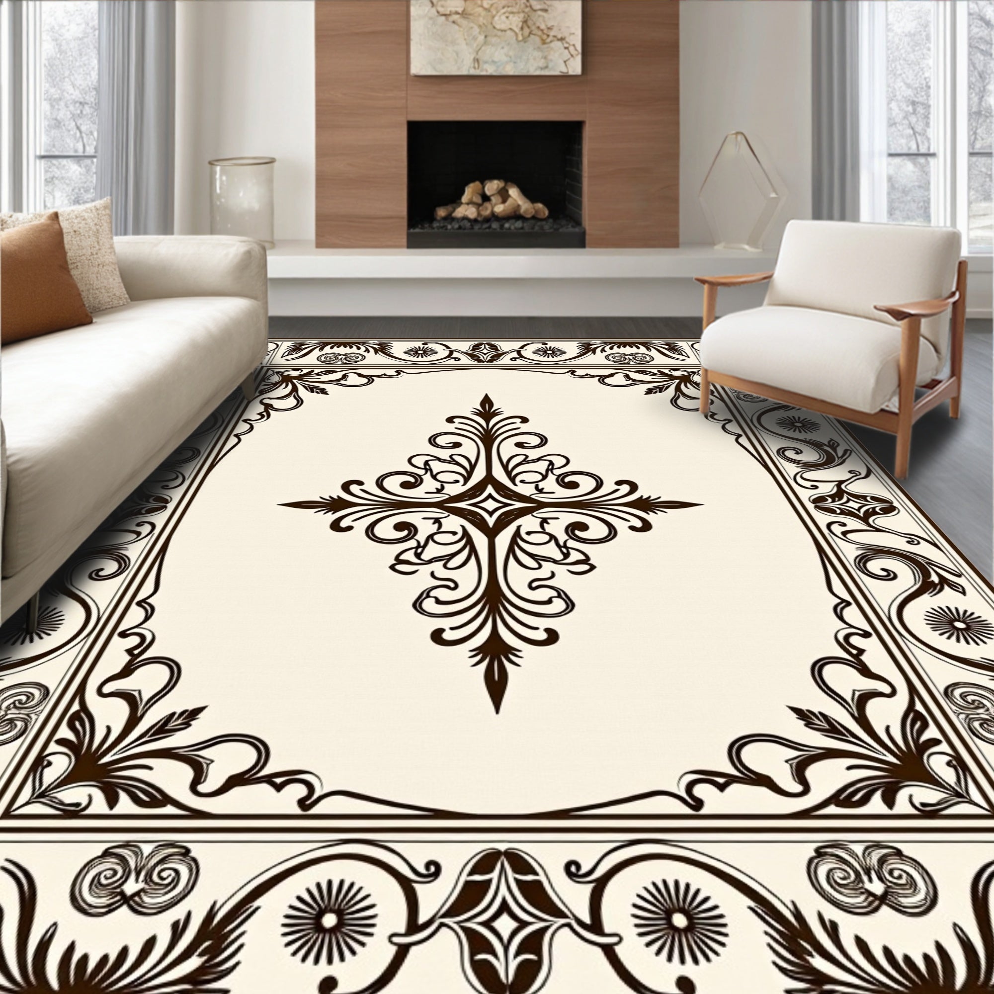 Ornate Scrollwork And Floral Border Design Rug