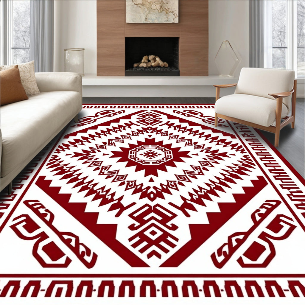 Bold Red Tribal Geometric Pattern Rug